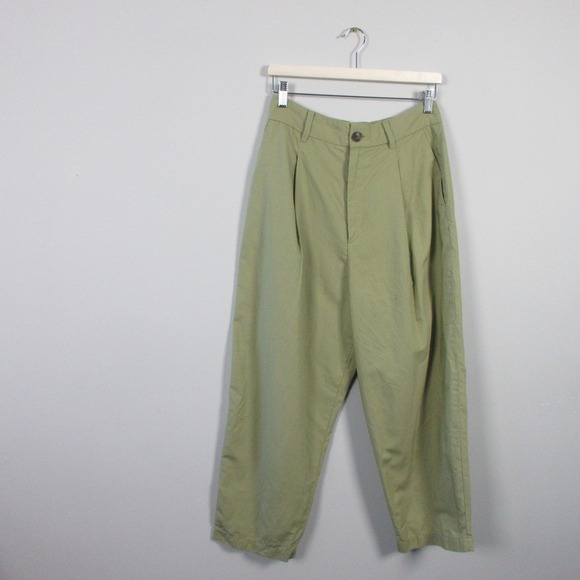 Uniqlo Pleated Cropped Pants High Waist Wide Leg Casual Green Linen Rayon 398 - Picture 1 of 13